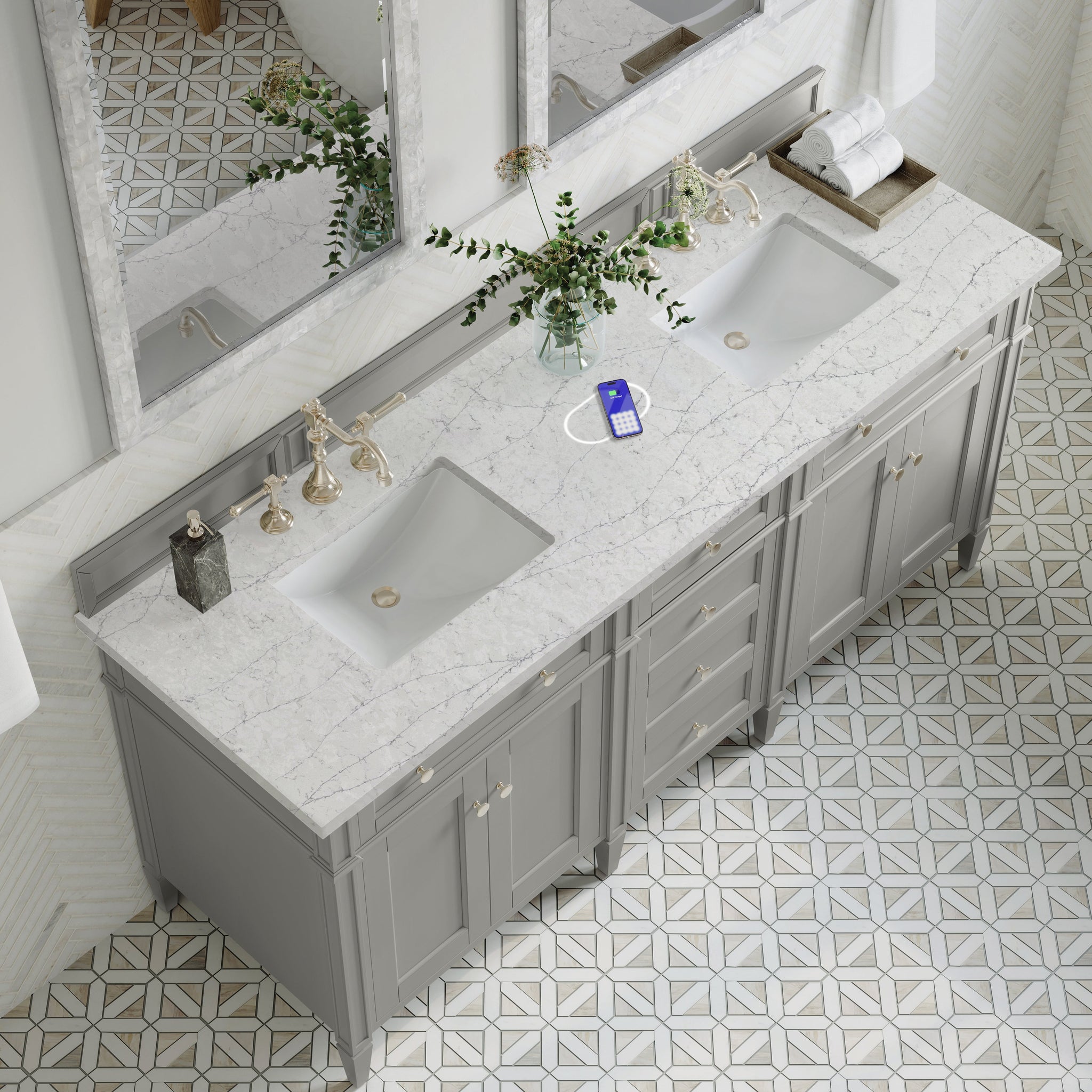 James Martin Brittany 72" Double Bathroom Vanity, Urban Gray with Eternal Jasmine Pearl (FreePower) countertop