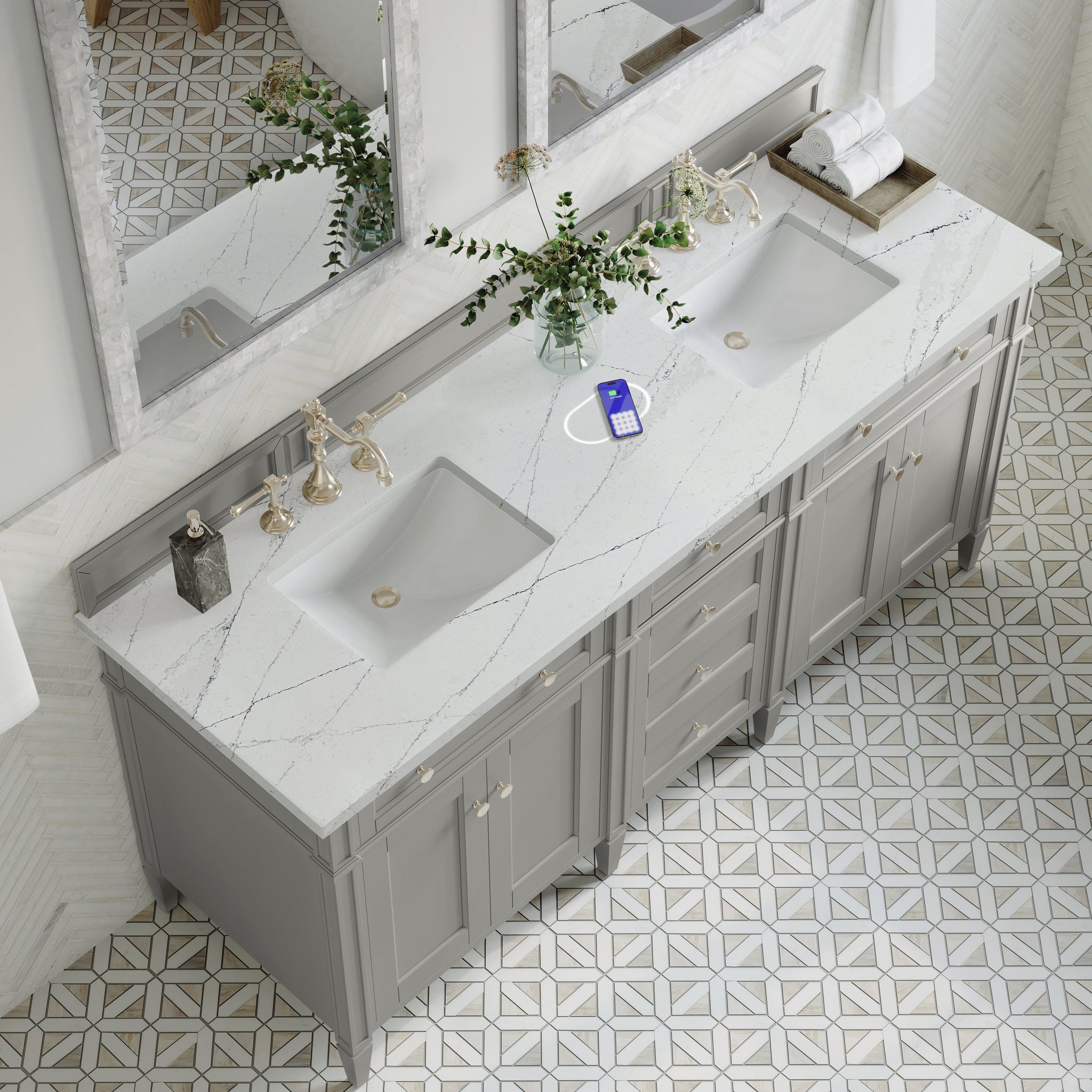 James Martin Brittany 72" Double Bathroom Vanity, Urban Gray with Ethereal Noctis (FreePower) countertop