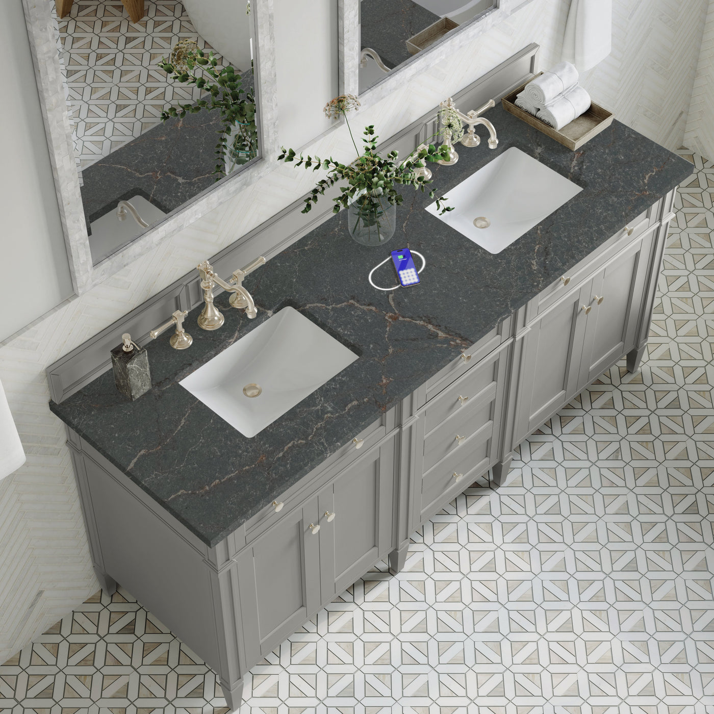 James Martin Brittany 72" Double Bathroom Vanity, Urban Gray with Parisien Bleu (FreePower) countertop
