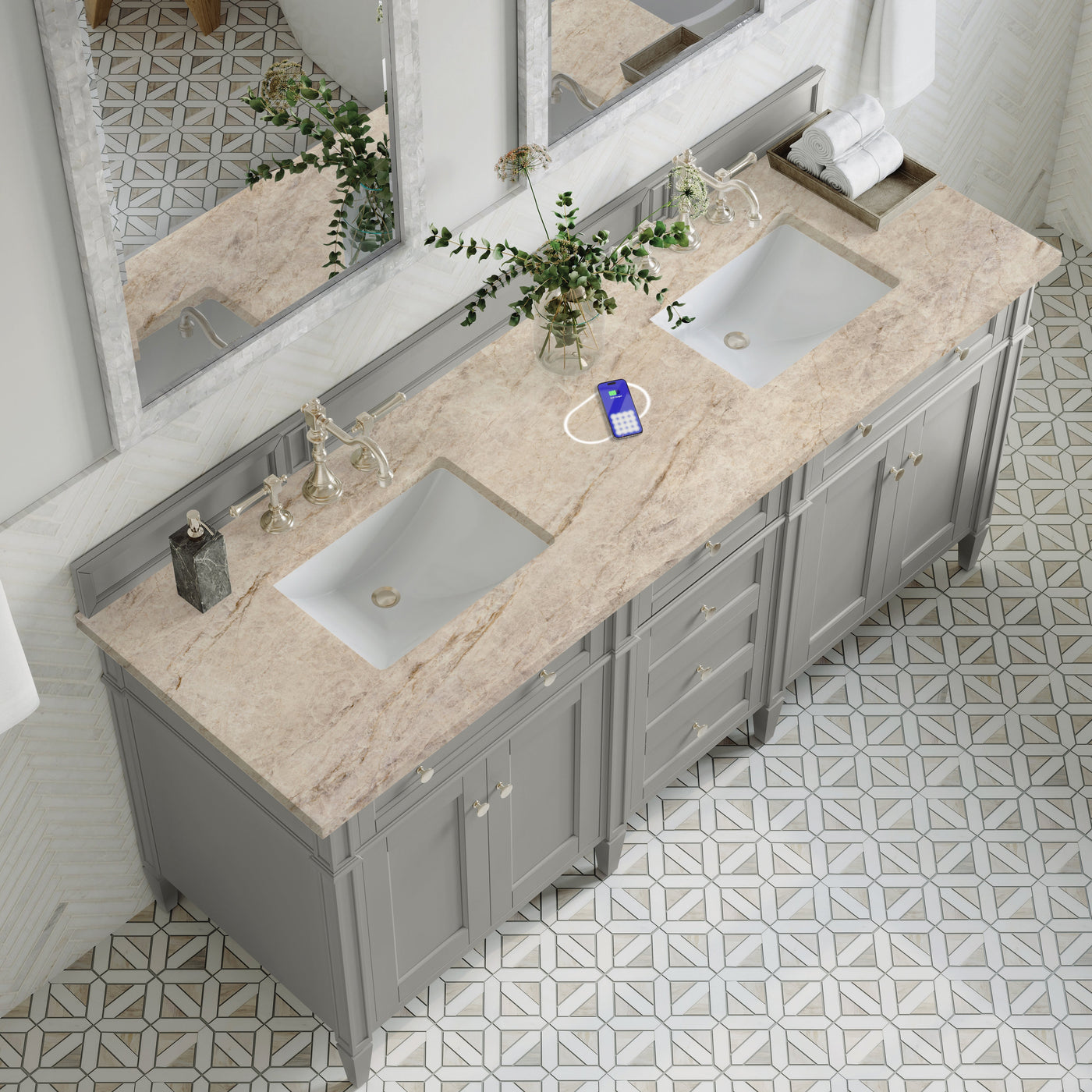 James Martin Brittany 72" Double Bathroom Vanity, Urban Gray with Tajnar (FreePower) countertop