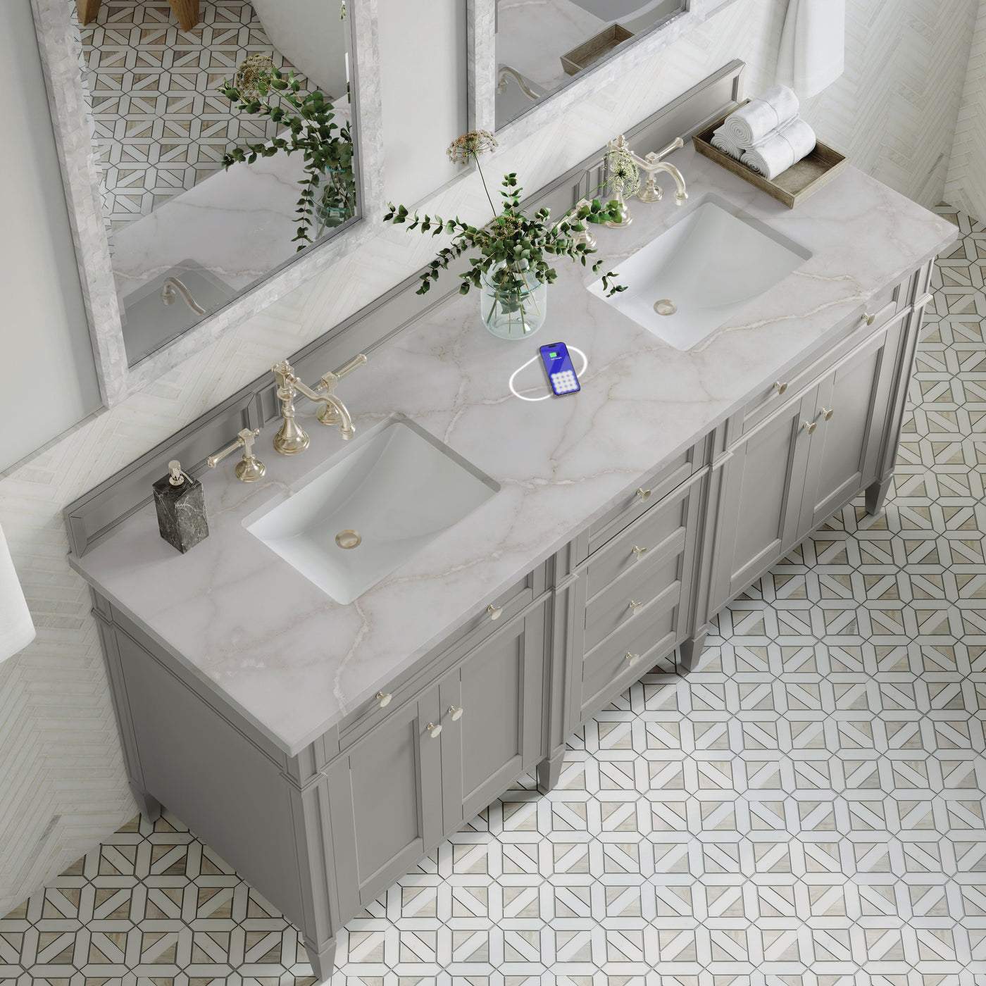 James Martin Brittany 72" Double Bathroom Vanity, Urban Gray with Victorian Silver (FreePower) countertop