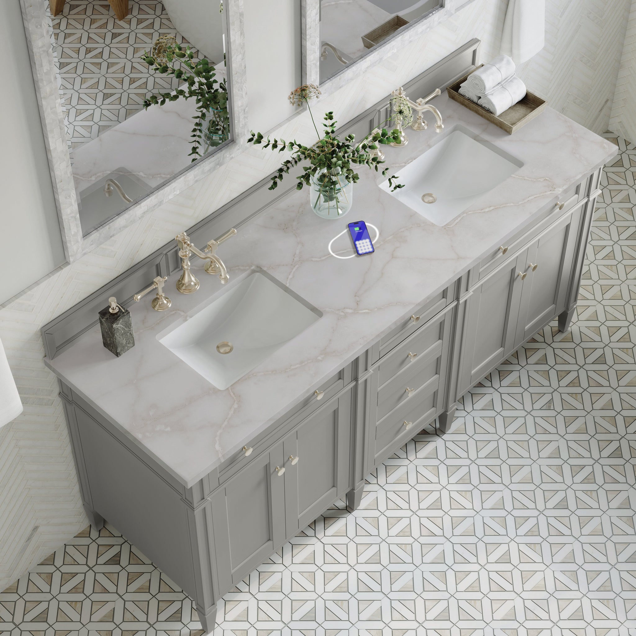 James Martin Brittany 72" Double Bathroom Vanity, Urban Gray with Victorian Silver (FreePower) countertop