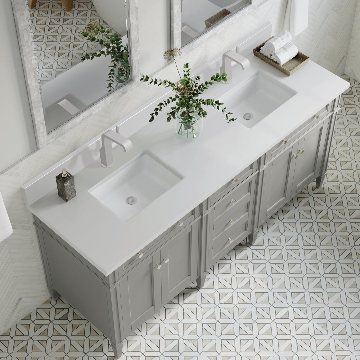 James Martin Brittany 72" Double Bathroom Vanity, Urban Gray with White Zeus (Single Hole, with Backsplash) countertop