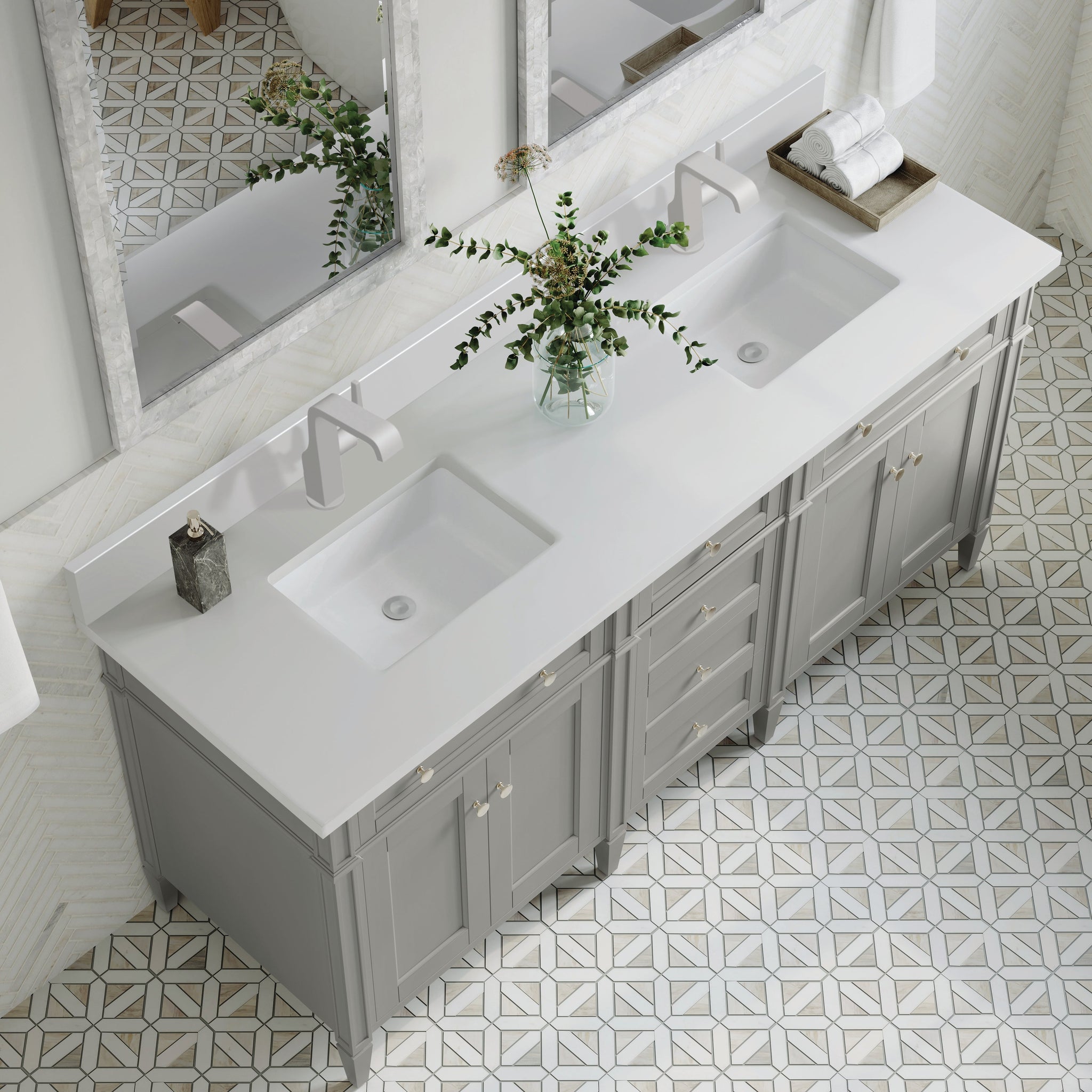 James Martin Brittany 72" Double Bathroom Vanity, Urban Gray with White Zeus (Single Hole, with Backsplash) countertop