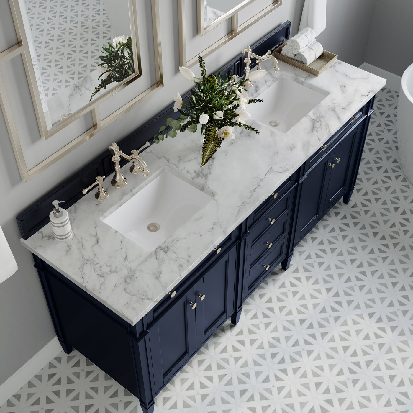 James Martin Brittany 72" Double Bathroom Vanity, Victory Blue with Carrara White countertop