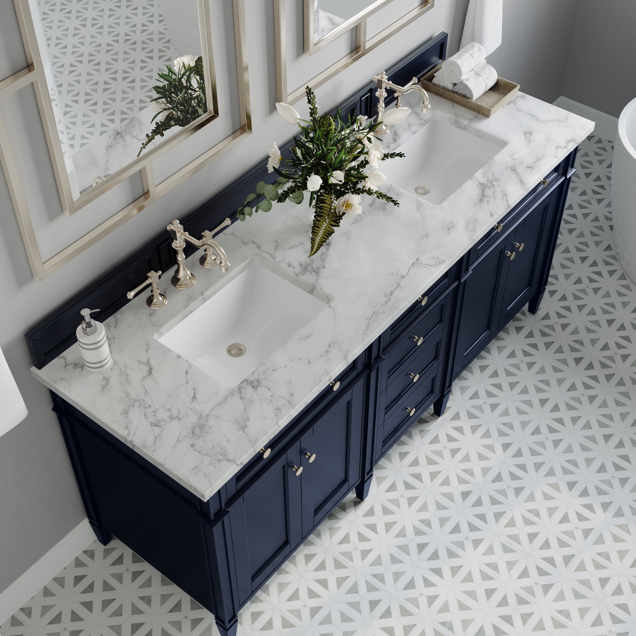 James Martin Brittany 72" Double Bathroom Vanity, Victory Blue with Carrara White countertop