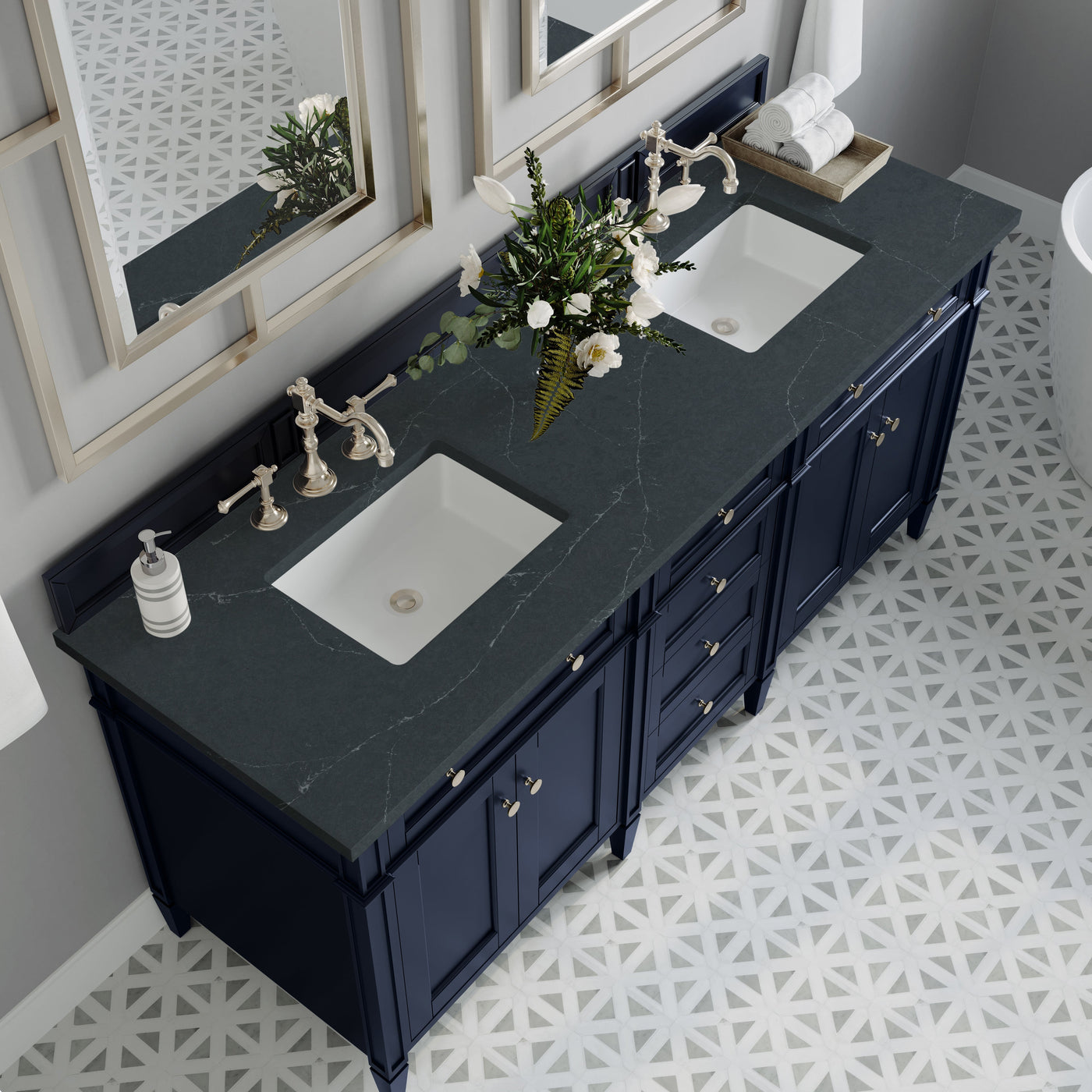 James Martin Brittany 72" Double Bathroom Vanity, Victory Blue with Charcoal Soapstone countertop