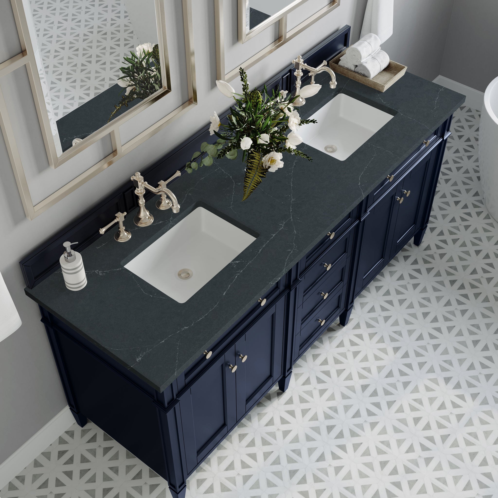 James Martin Brittany 72" Double Bathroom Vanity, Victory Blue with Charcoal Soapstone countertop
