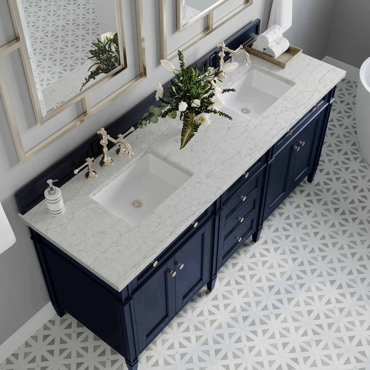 James Martin Brittany 72" Double Bathroom Vanity, Victory Blue with Eternal Jasmine Pearl countertop