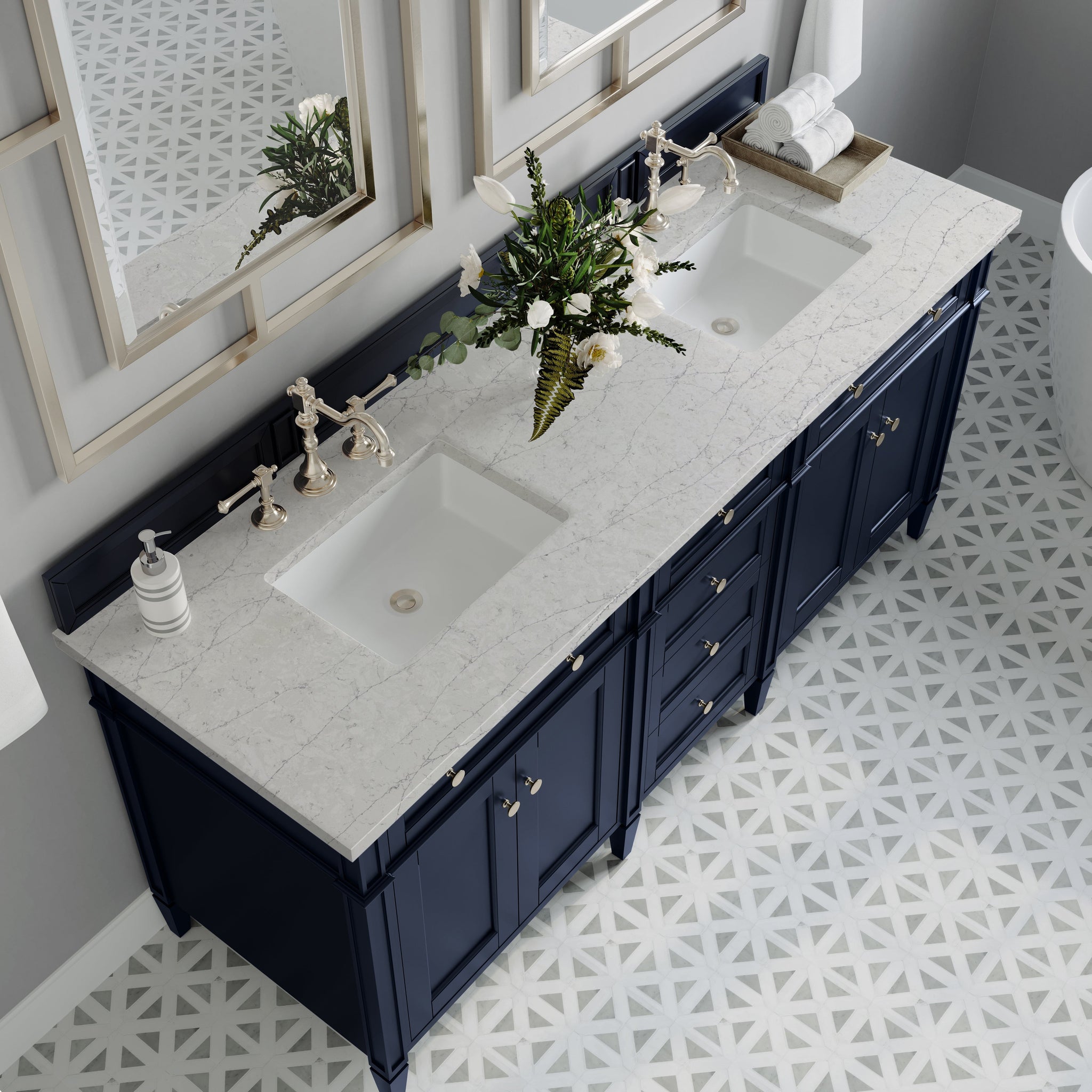 James Martin Brittany 72" Double Bathroom Vanity, Victory Blue with Eternal Jasmine Pearl countertop