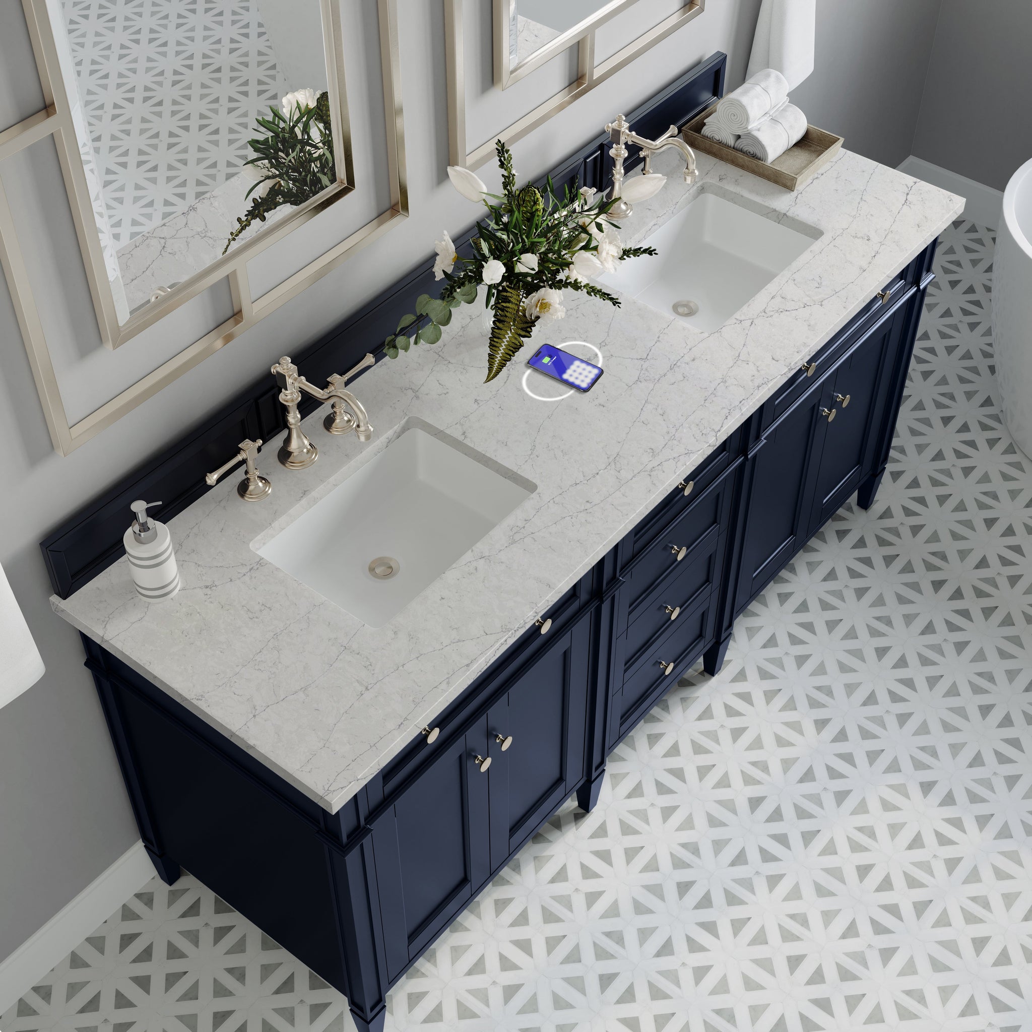 James Martin Brittany 72" Double Bathroom Vanity, Victory Blue with Eternal Jasmine Pearl (FreePower) countertop
