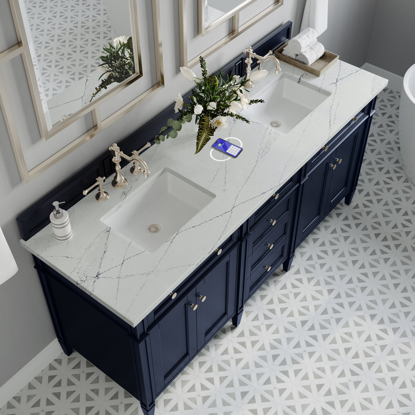 James Martin Brittany 72" Double Bathroom Vanity, Victory Blue with Ethereal Noctis (FreePower) countertop