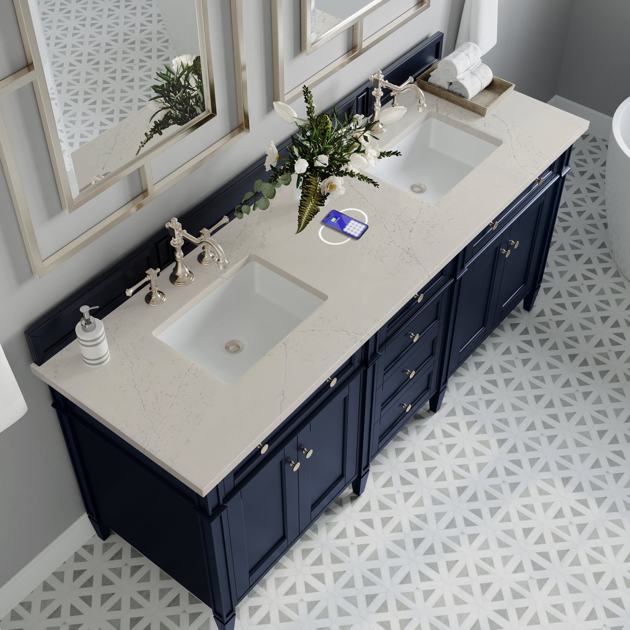 James Martin Brittany 72" Double Bathroom Vanity, Victory Blue with Siberian (FreePower) countertop