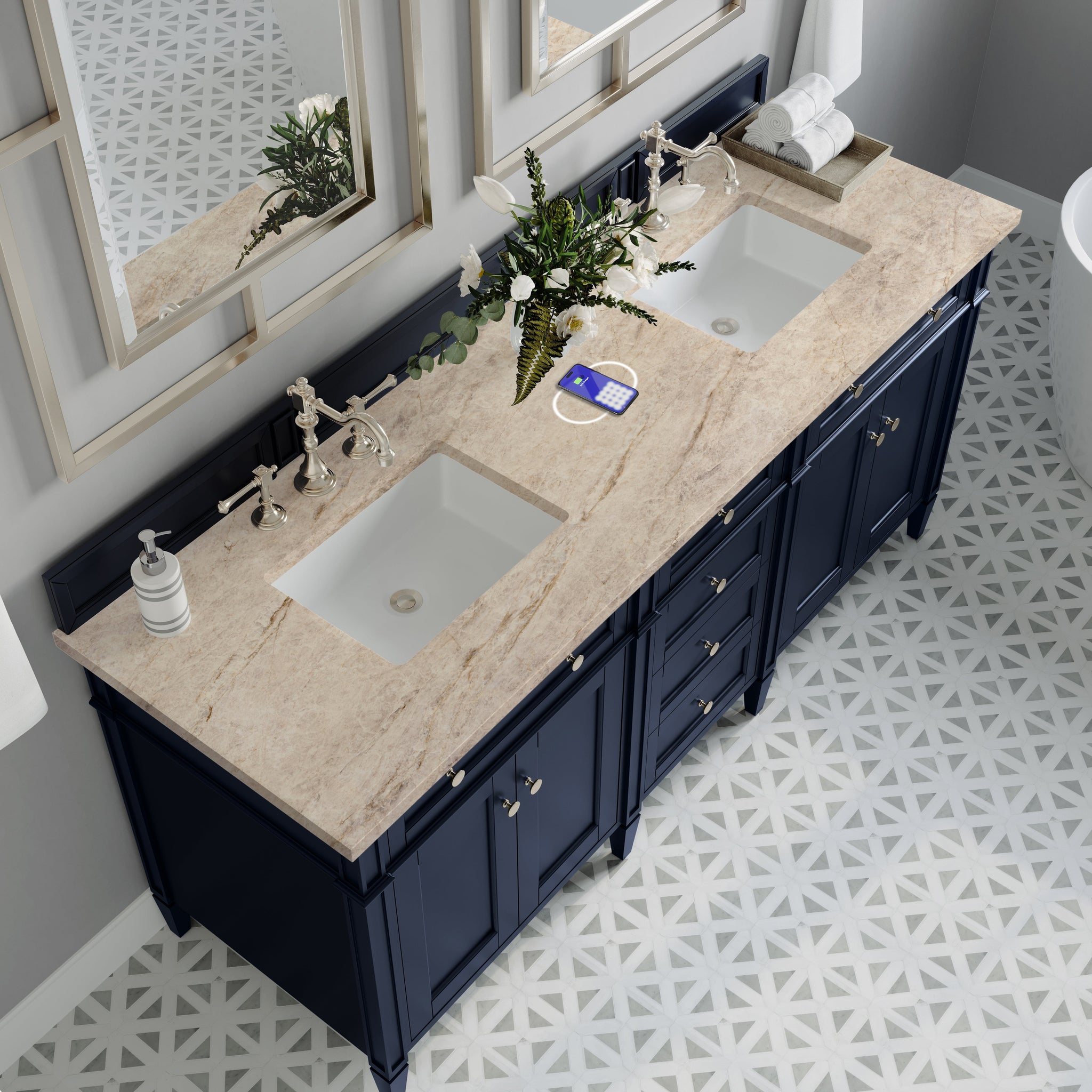 James Martin Brittany 72" Double Bathroom Vanity, Victory Blue with Tajnar (FreePower) countertop