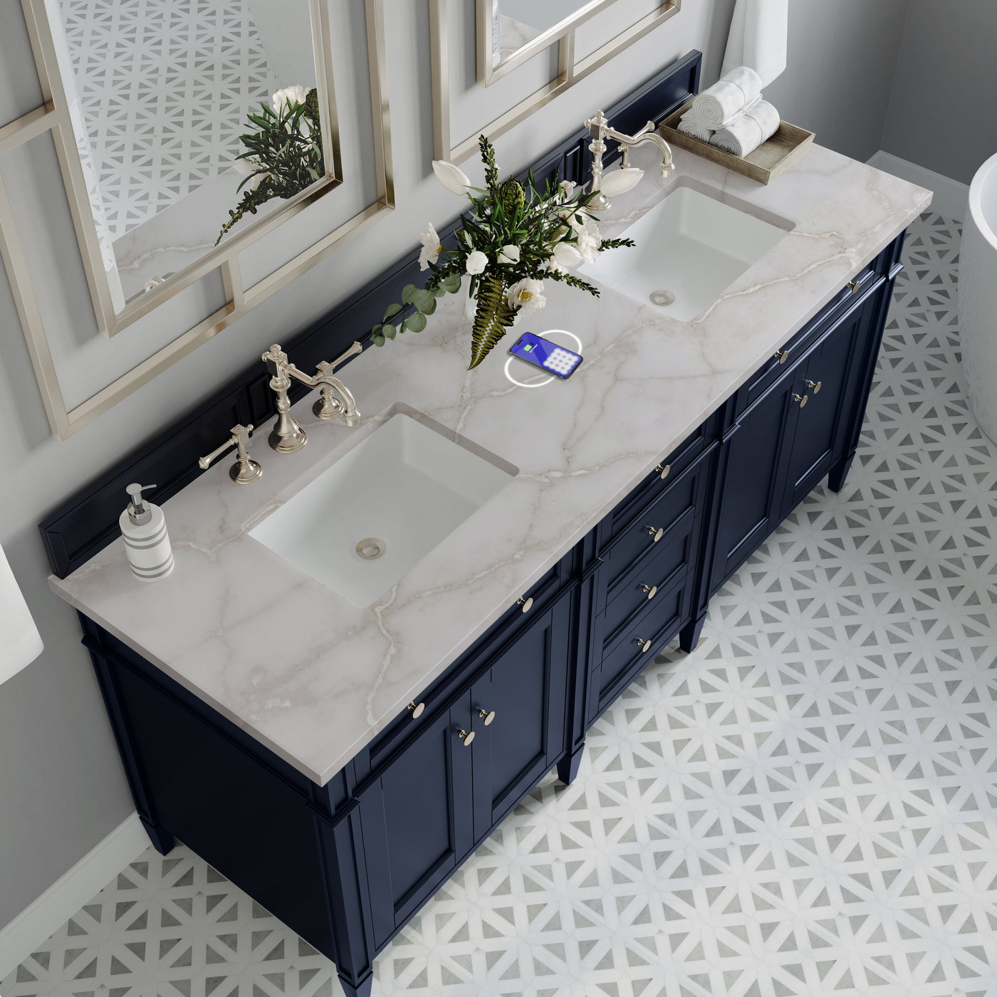 James Martin Brittany 72" Double Bathroom Vanity, Victory Blue with Victorian Silver (FreePower) countertop