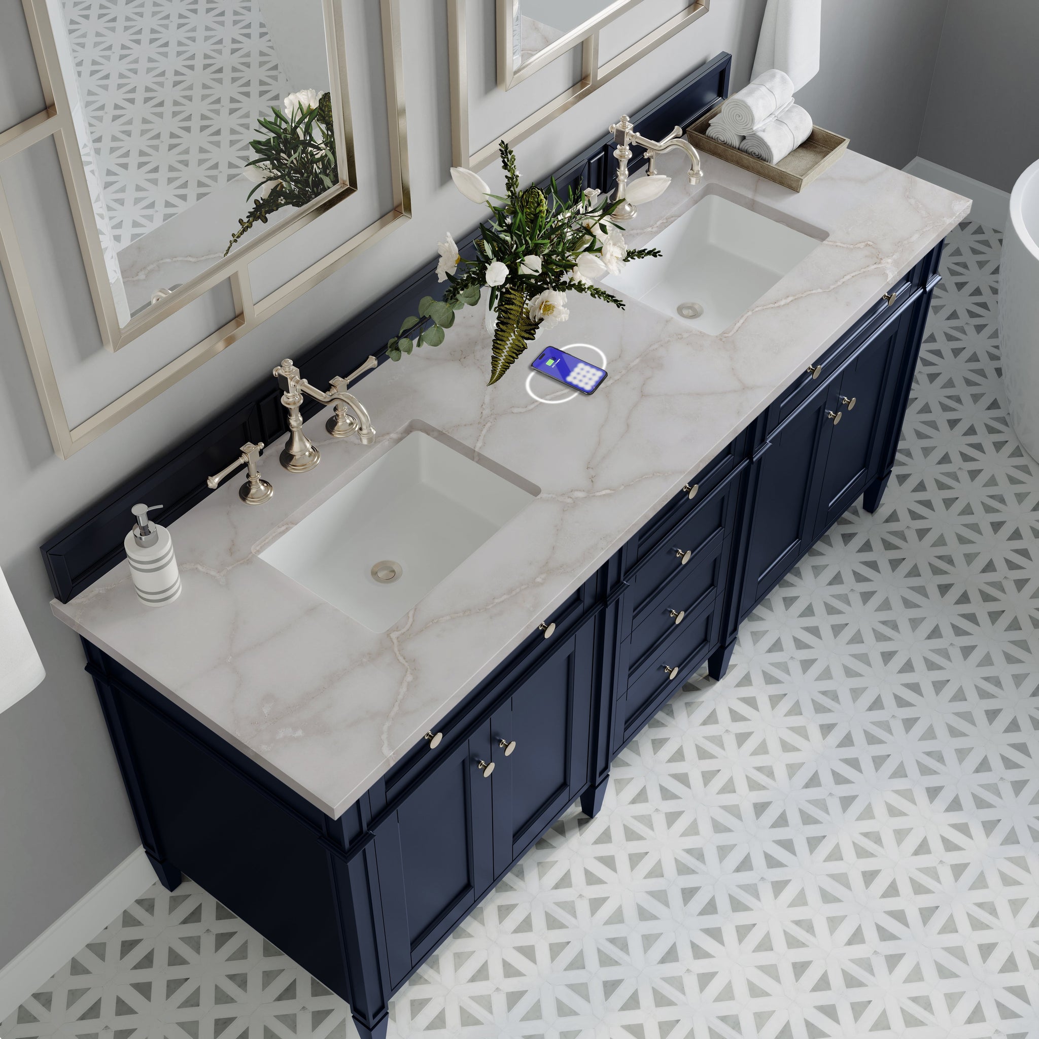 James Martin Brittany 72" Double Bathroom Vanity, Victory Blue with Victorian Silver (FreePower) countertop
