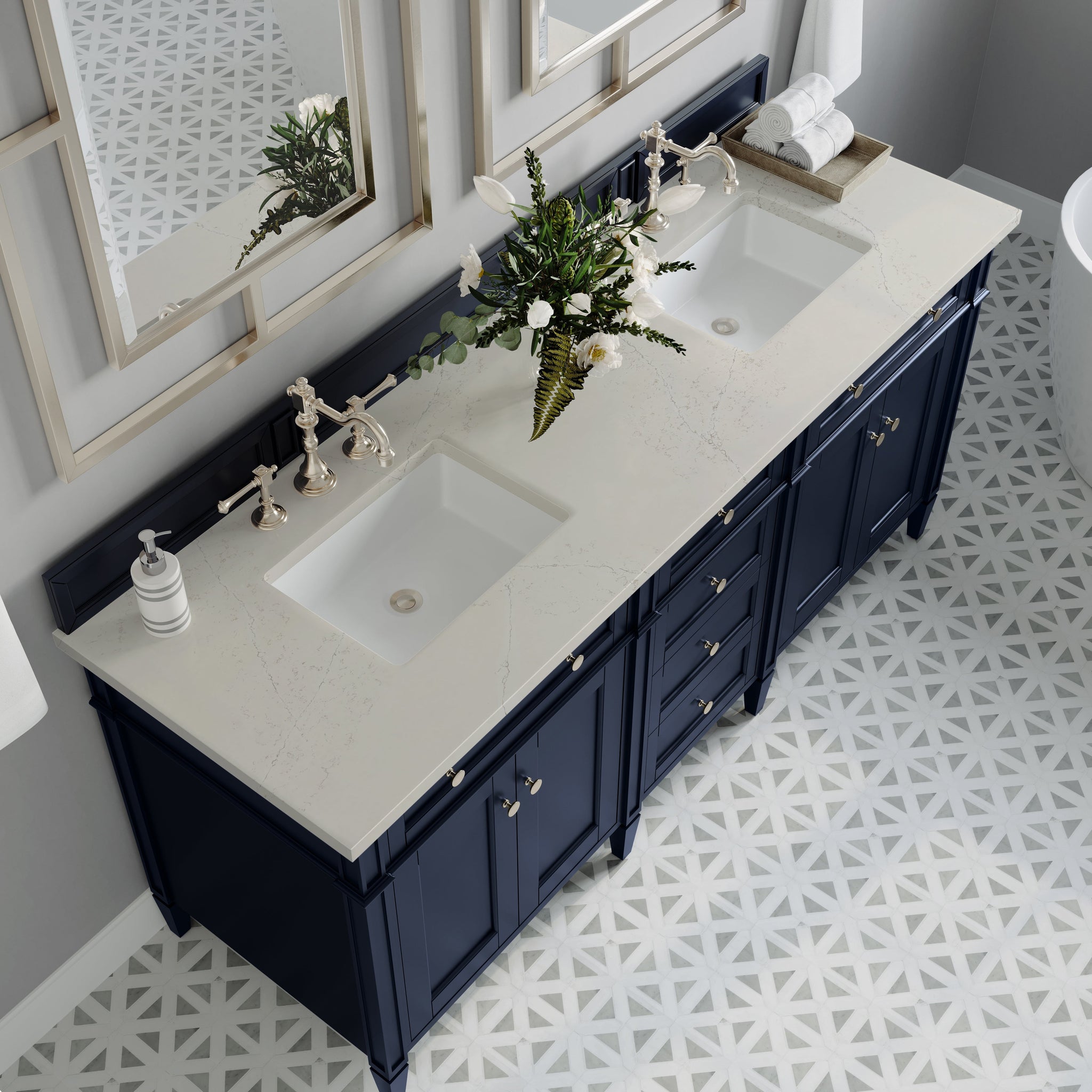 James Martin Brittany 72" Double Bathroom Vanity, Victory Blue with Siberian countertop