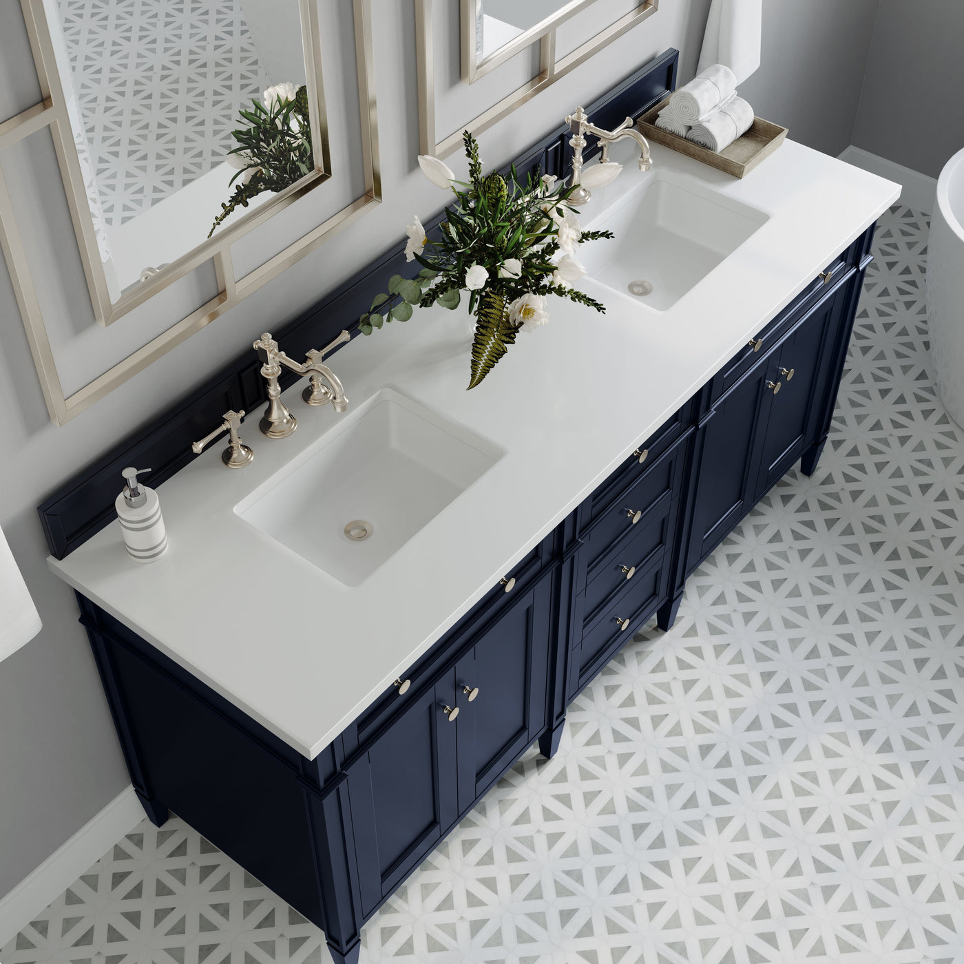 James Martin Brittany 72" Double Bathroom Vanity, Victory Blue with White Zeus countertop