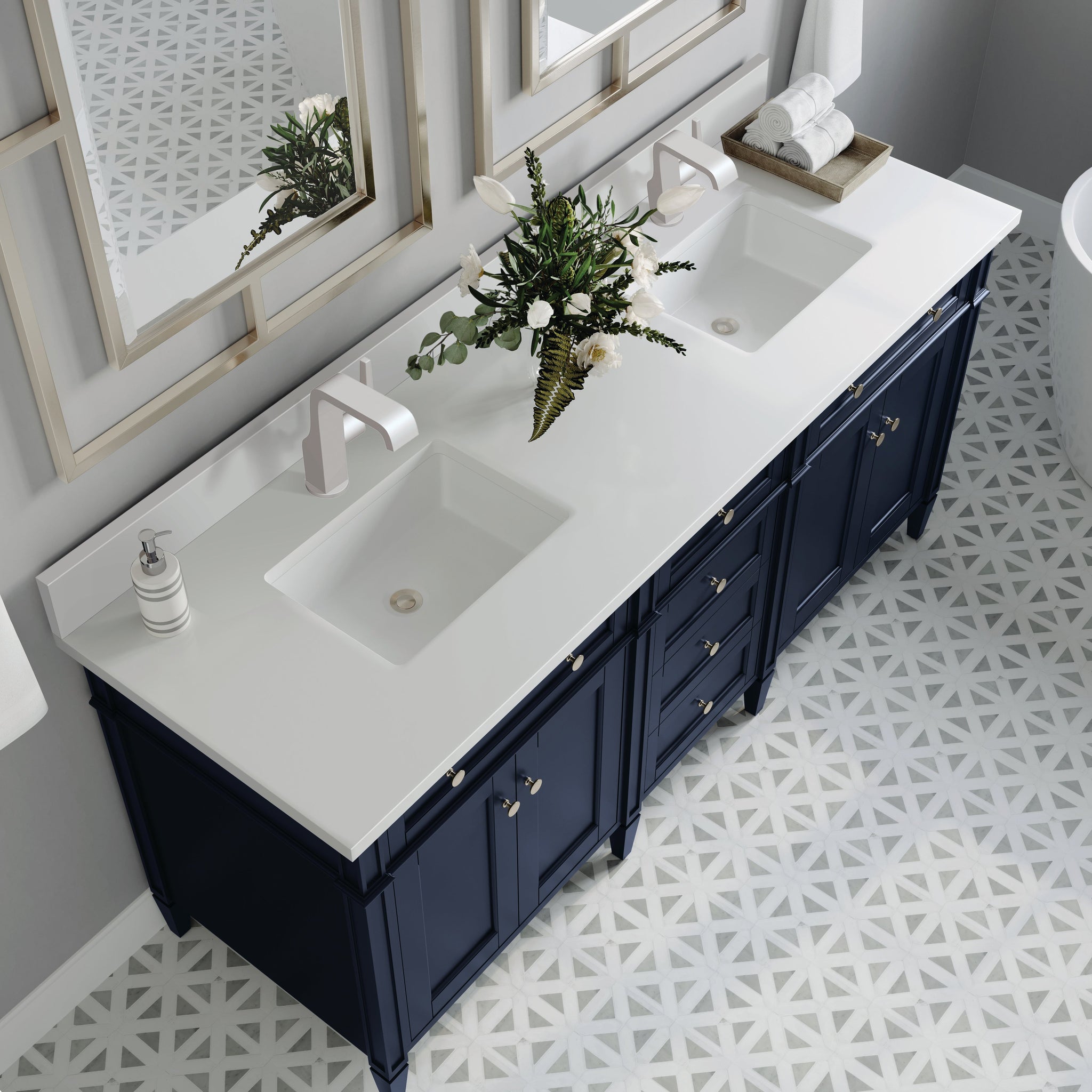 James Martin Brittany 72" Double Bathroom Vanity, Victory Blue with White Zeus (Single Hole, with Backsplash) countertop