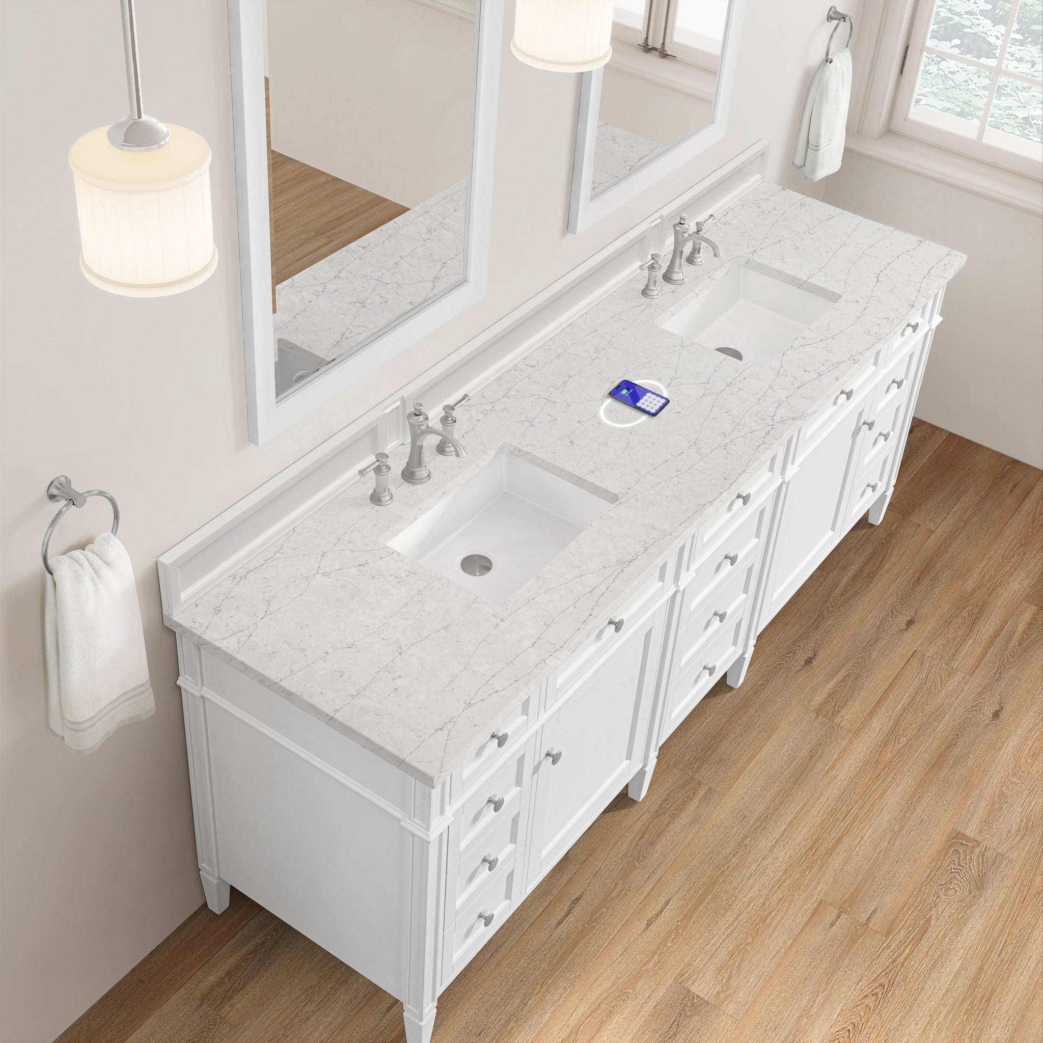 James Martin Brittany 84" Double Bathroom Vanity, Bright White with Eternal Jasmine Pearl (FreePower) countertop