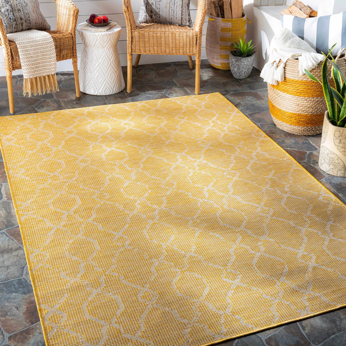 Brocton Yellow Flatweave Outdoor Rug - Clearance, installed in a room