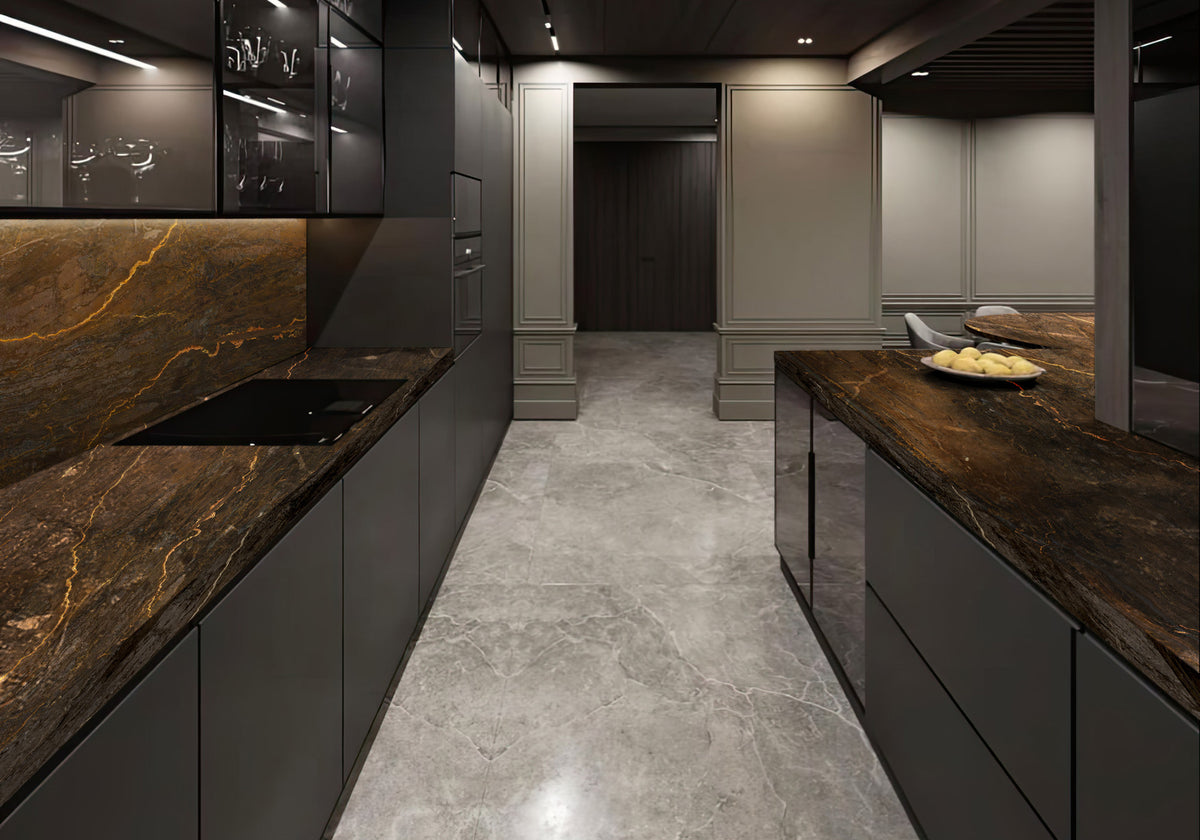 Bronzite Leather Quartzite Slab Random room scene