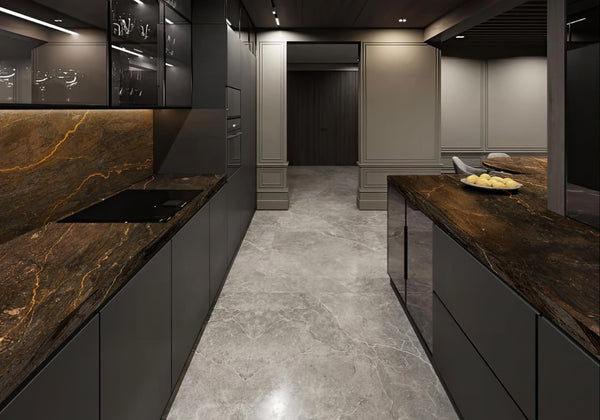 Bronzite Leather Quartzite Slab Random room scene