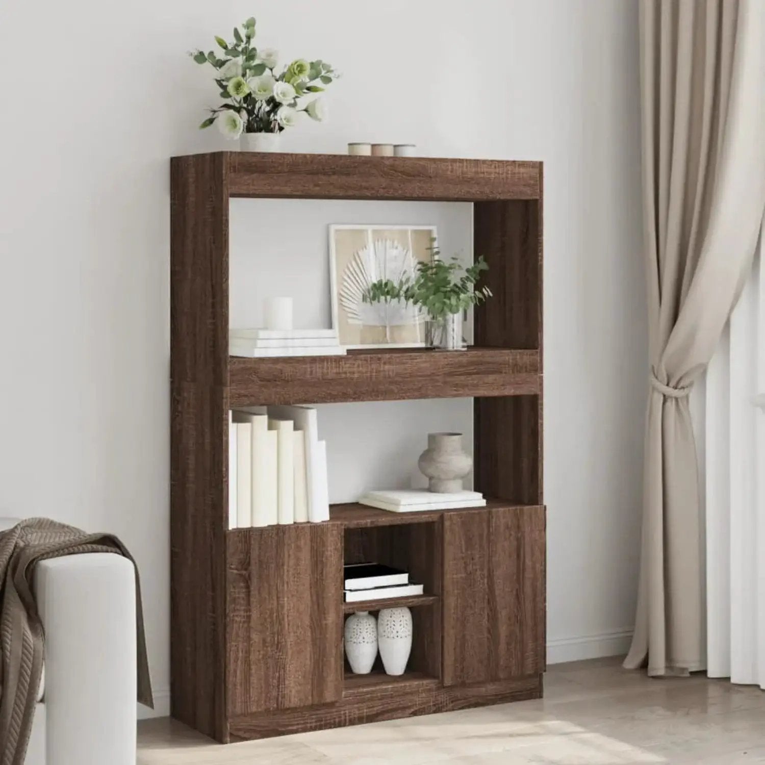 Brown Oak Highboard Cabinet with Modern Design by House Of Avana