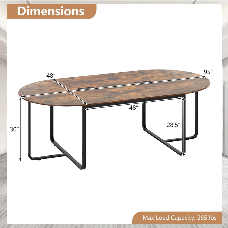 95 Inches Oval Conference Industrial Executive Table with Dual Cable Holes-Rustic Brown by DirectDeals