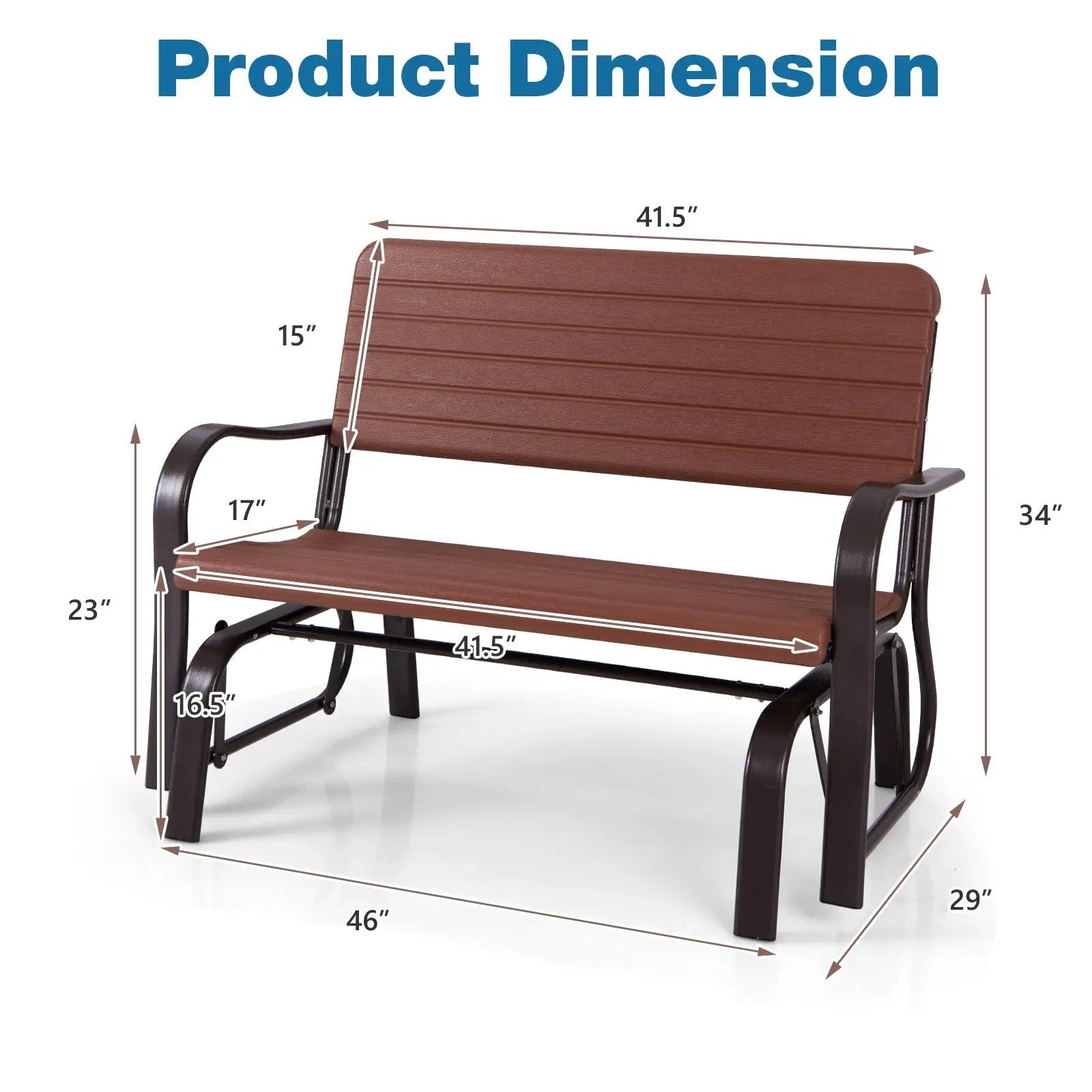 2-Seat Porch Glider with HDPE Back Seat and Steel Frame-Brown by DirectDeals