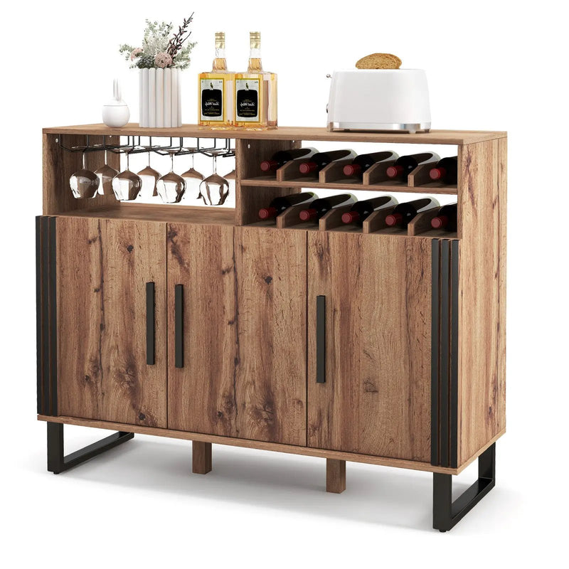 Home Wine Bar Cabinet with 3 Doors and Adjustable Shelves-Brown by DirectDeals