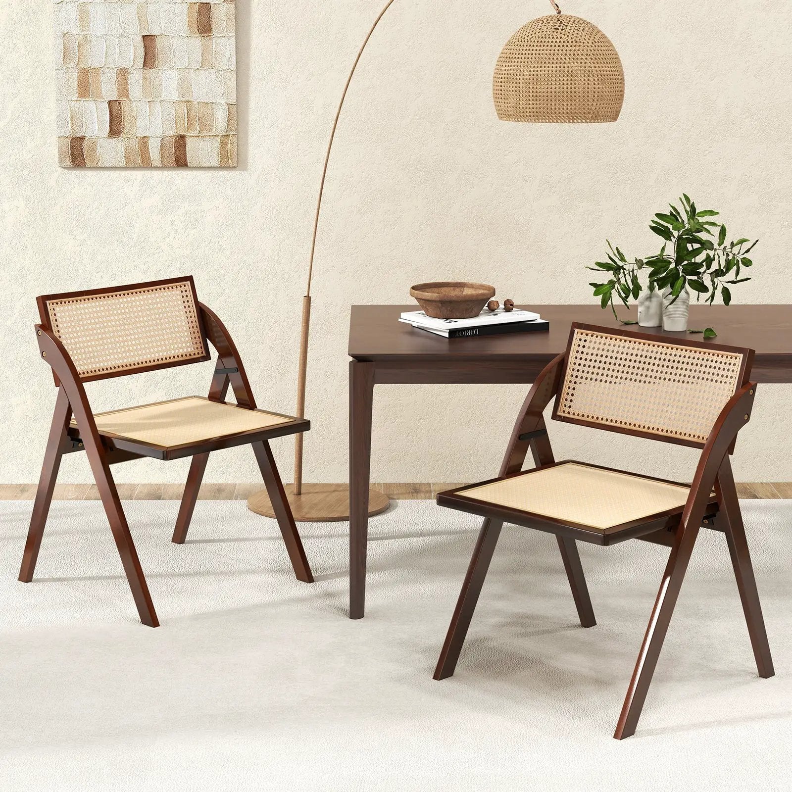 Foldable Dining Chairs Set of 2 with Woven Rattan Backrest by DirectDeals