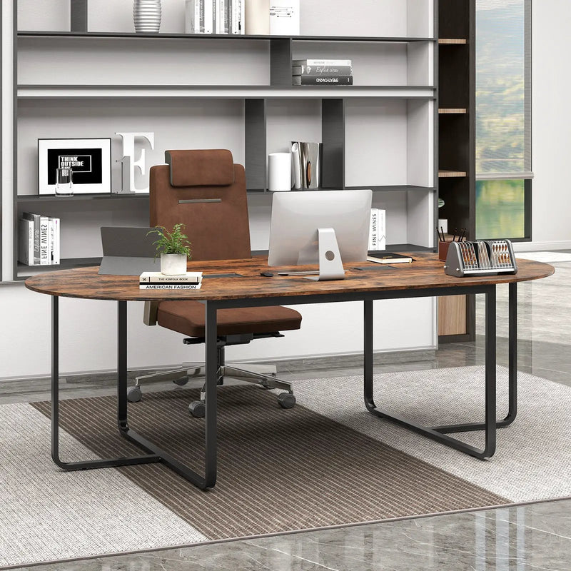 95 Inches Oval Conference Industrial Executive Table with Dual Cable Holes-Rustic Brown by DirectDeals