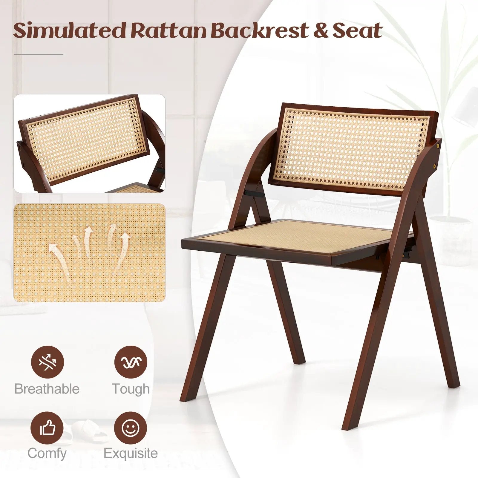 Foldable Dining Chairs Set of 2 with Woven Rattan Backrest by DirectDeals