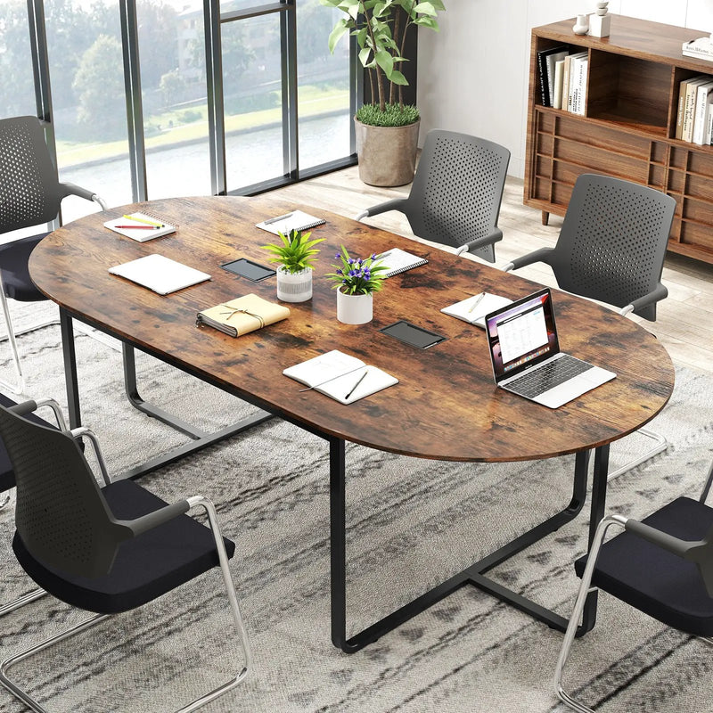 95 Inches Oval Conference Industrial Executive Table with Dual Cable Holes-Rustic Brown by DirectDeals