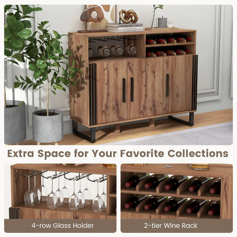 Home Wine Bar Cabinet with 3 Doors and Adjustable Shelves-Brown by DirectDeals