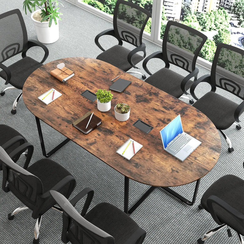 95 Inches Oval Conference Industrial Executive Table with Dual Cable Holes-Rustic Brown by DirectDeals