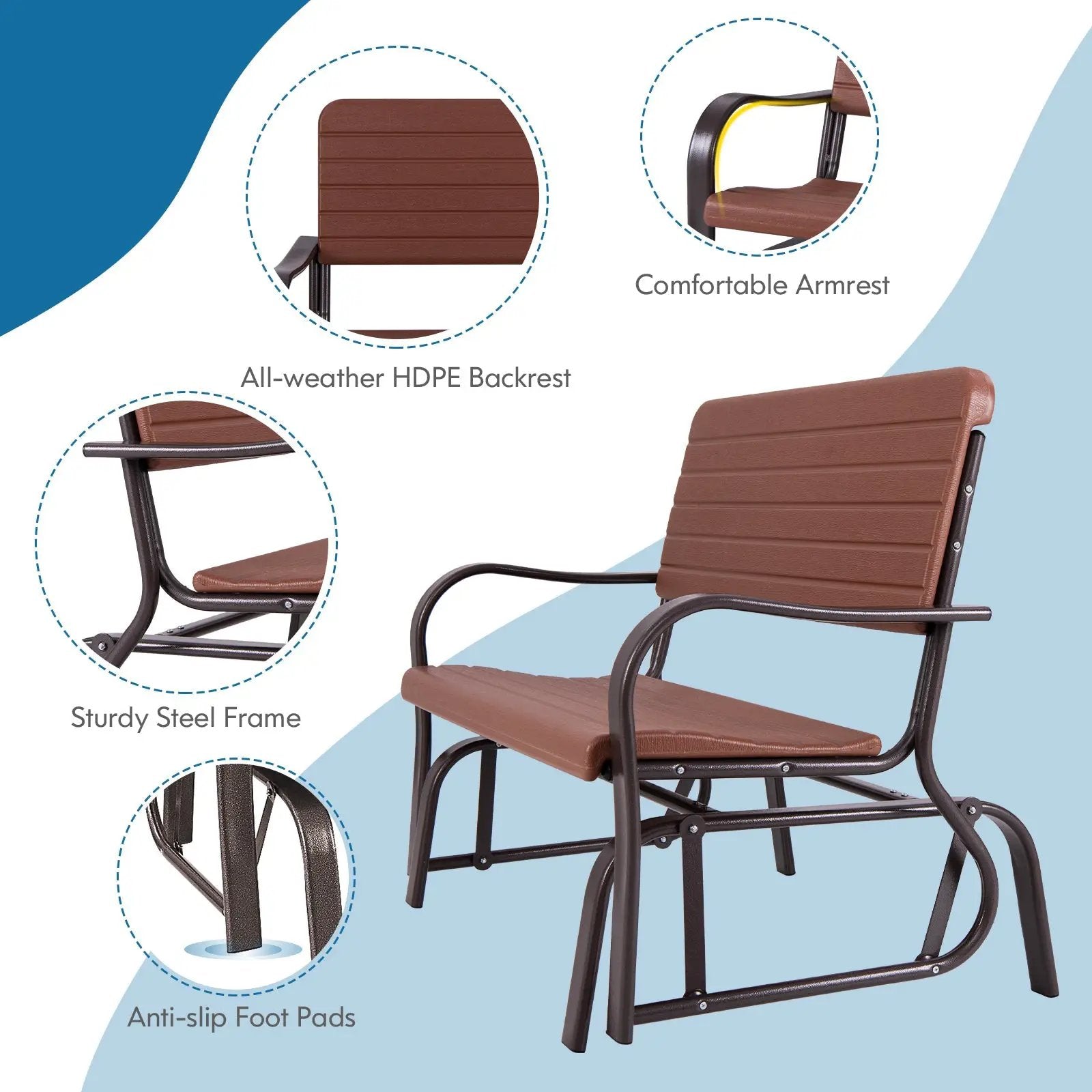 2-Seat Porch Glider with HDPE Back Seat and Steel Frame-Brown by DirectDeals