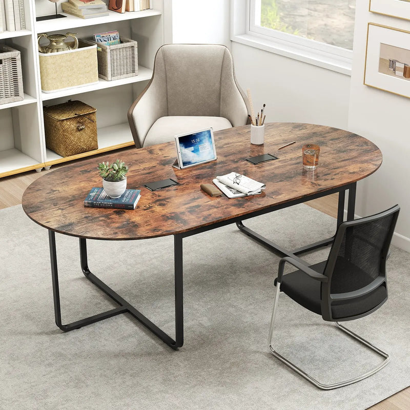 95 Inches Oval Conference Industrial Executive Table with Dual Cable Holes-Rustic Brown by DirectDeals
