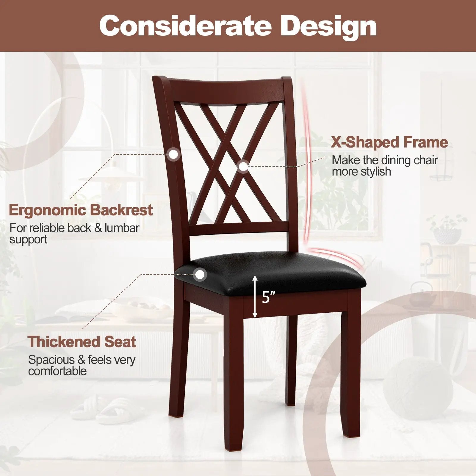 Set of 2 Dining Chair with Backrest and Padded Seat-Brown by DirectDeals
