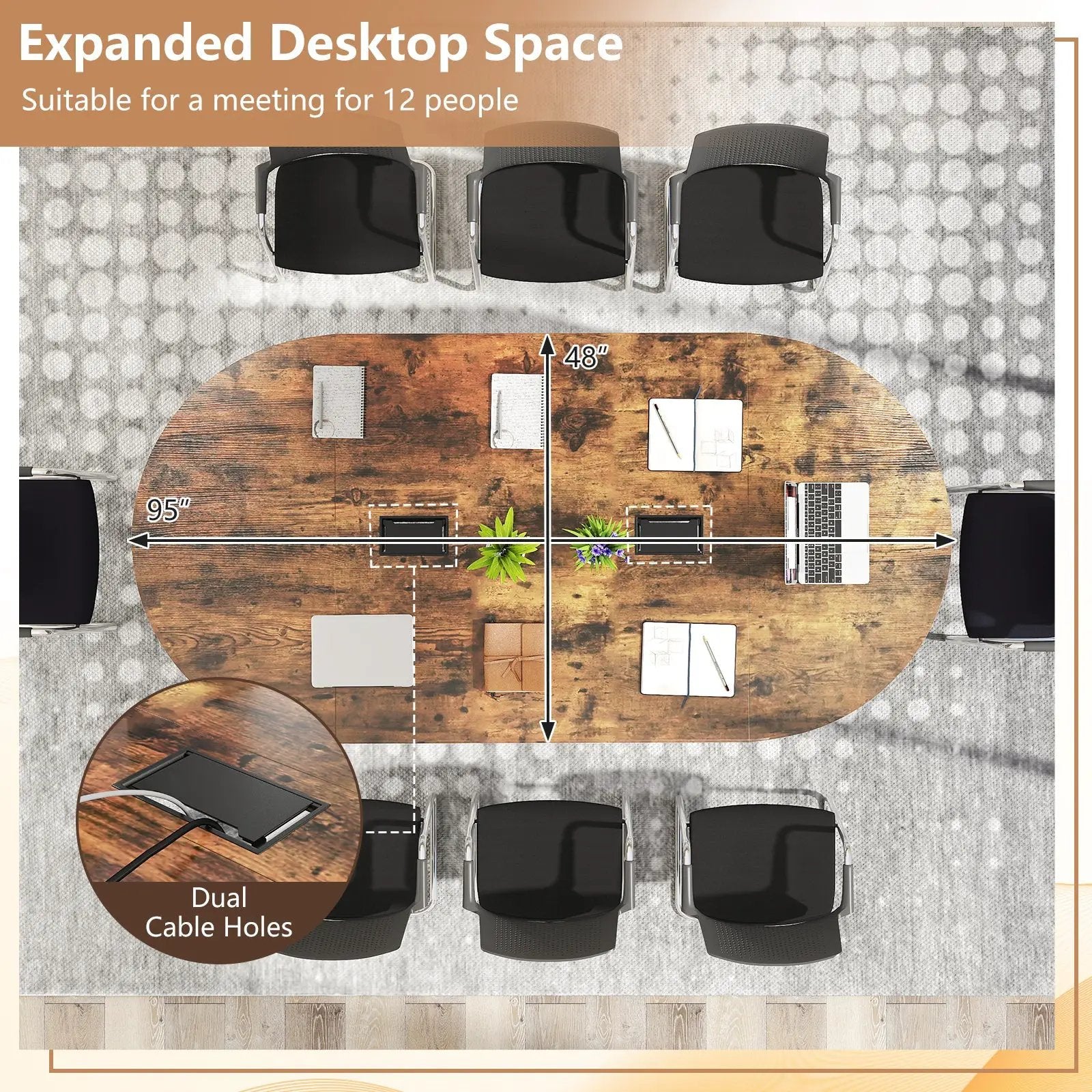 95 Inches Oval Conference Industrial Executive Table with Dual Cable Holes-Rustic Brown by DirectDeals