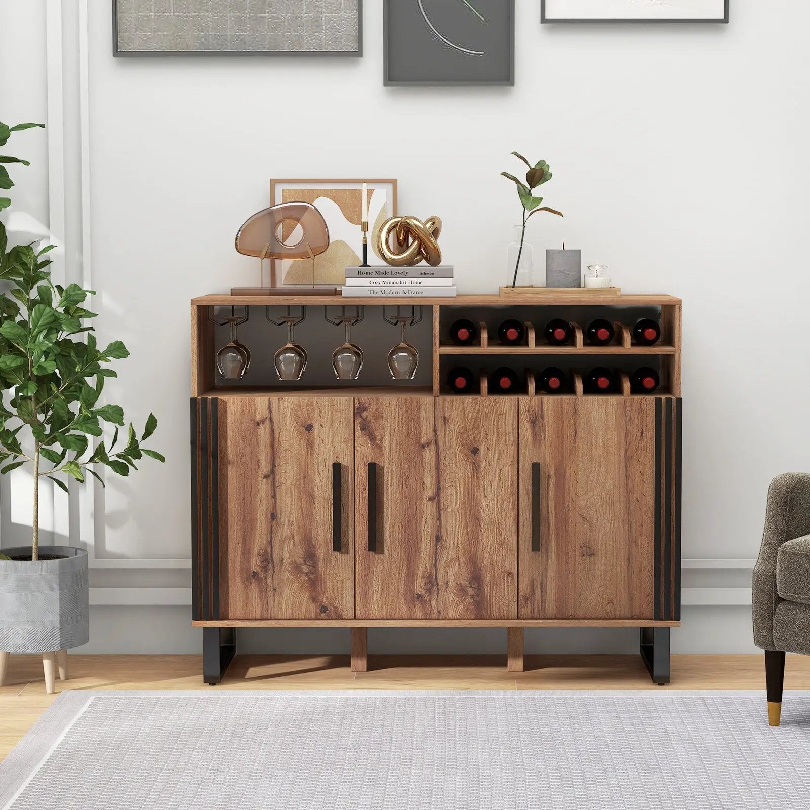 Home Wine Bar Cabinet with 3 Doors and Adjustable Shelves-Brown by DirectDeals