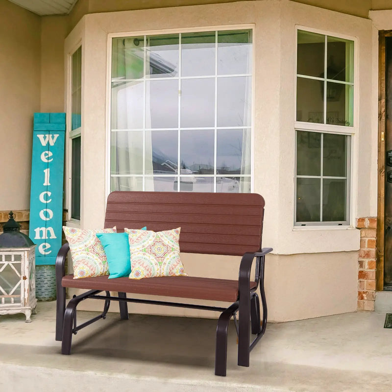 2-Seat Porch Glider with HDPE Back Seat and Steel Frame-Brown by DirectDeals