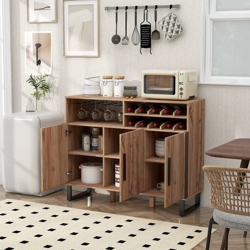 Home Wine Bar Cabinet with 3 Doors and Adjustable Shelves-Brown by DirectDeals