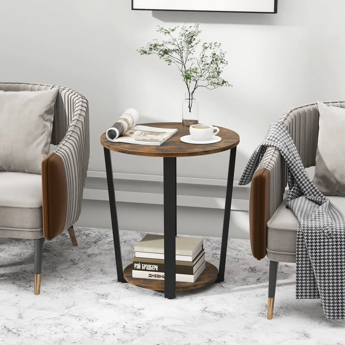 2-tier Round End Table with Storage Shelf & Metal Frame, photo 15 of 16