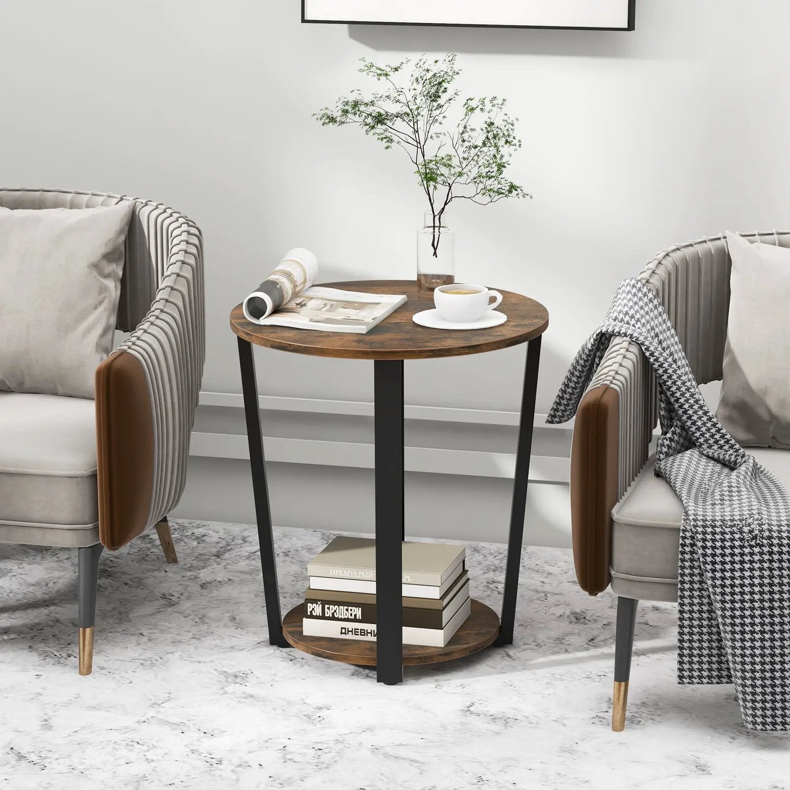 2-tier Round End Table with Storage Shelf & Metal Frame by DirectDeals