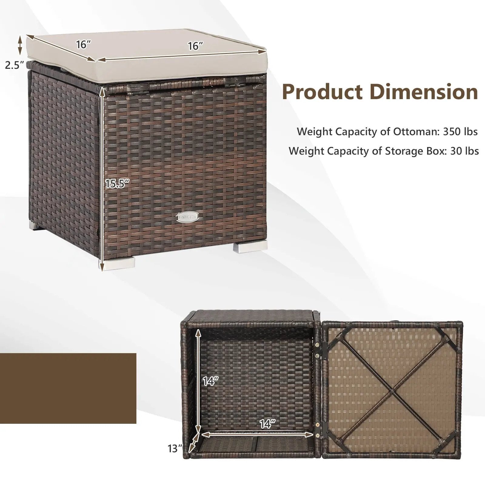 2 Pieces Patio Ottoman with Removable Cushions-Brown by DirectDeals