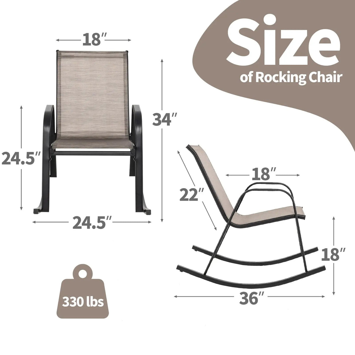 Set of 2 Metal Patio Rocking Chair with Breathable Seat Fabric, photo 16 of 32