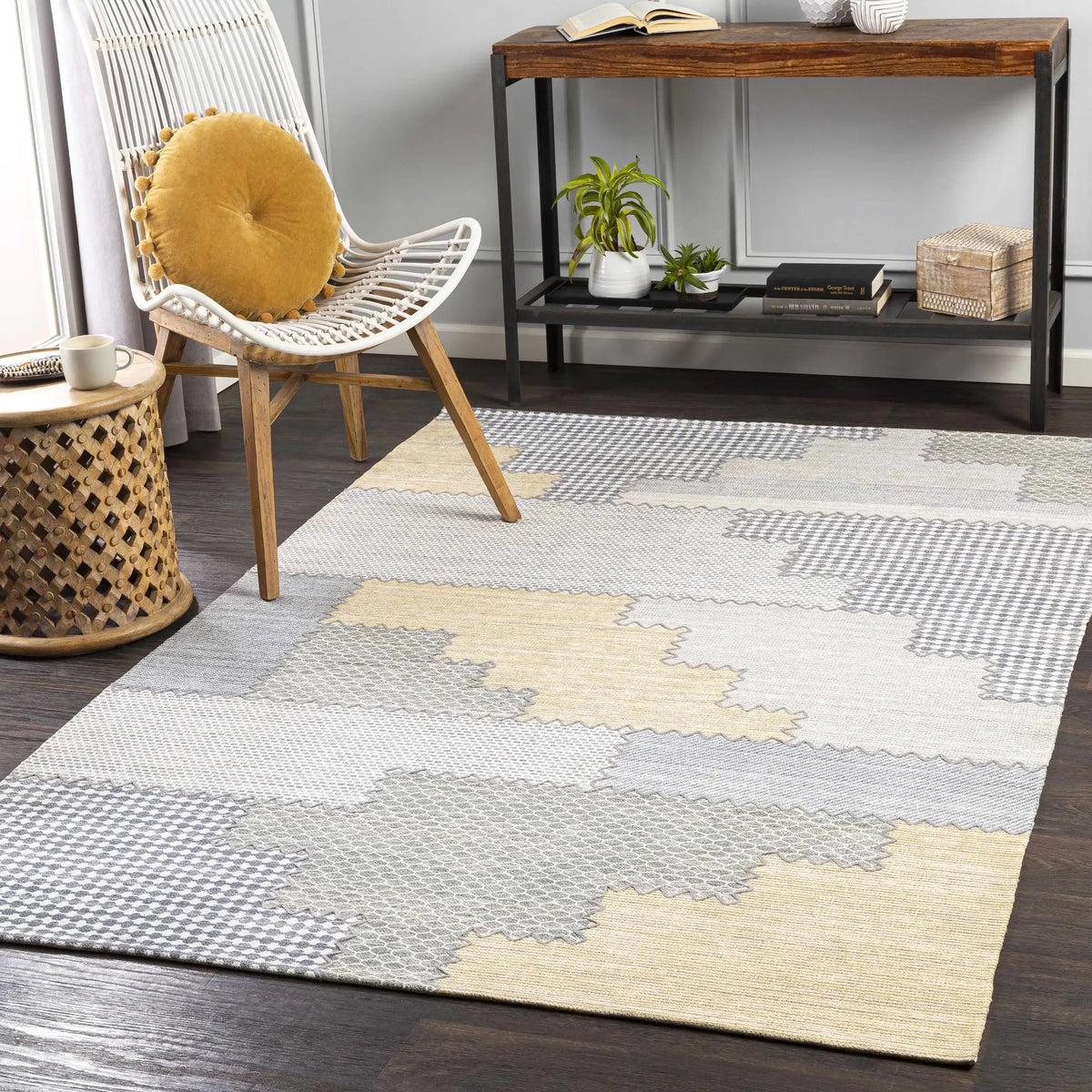 Bishopton Blue/Yellow Patchwork Viscose Rug - Clearance, installed in a room