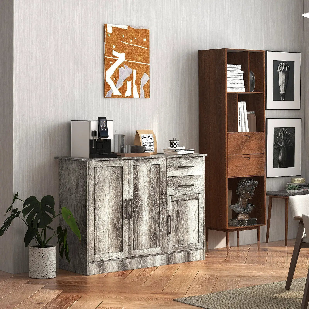 Buffet Storage Cabinet Kitchen Sideboard with 2 Drawers-Gray, photo 2 of 8